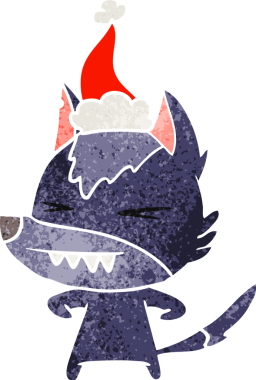 Kızgın kurt el, bir insan tarafından çizilmiş Noel Baba şapkasının retro karikatürünü çizdi.