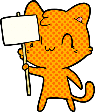 Bir insan tarafından çizilmiş boş tabelalı mutlu kedi çizgi filmi.