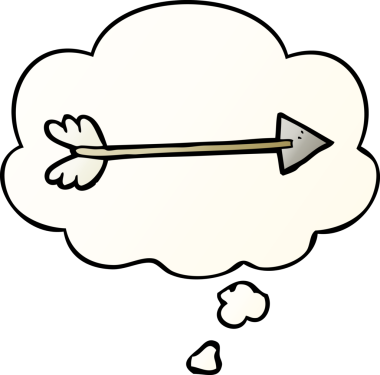 bir insan tarafından çizilmiş yumuşak eğimli düşünce baloncuklu çizgi film oku