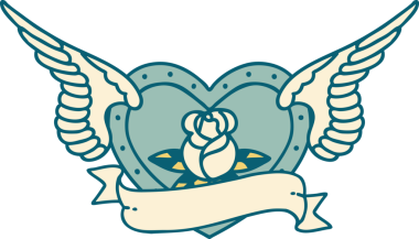 Bir insan tarafından çizilmiş çiçek ve bayrak ile uçan bir kalbin ikonik dövme görüntüsü