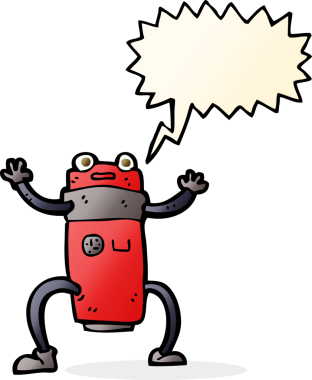 Bir insan tarafından çizilmiş konuşma balonu olan çizgi film robotu.