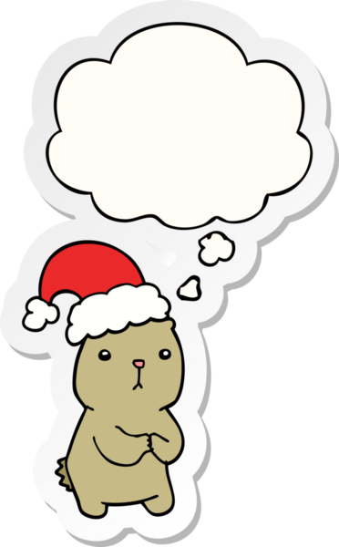 Bir insan tarafından çizilmiş bir çıkartma gibi düşünce baloncuğuyla endişelenen çizgi film Noel Ayısı