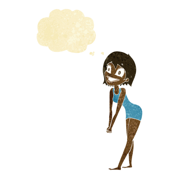 Bir insan tarafından çizilmiş düşünce baloncuğu olan heyecanlı bir kadın.