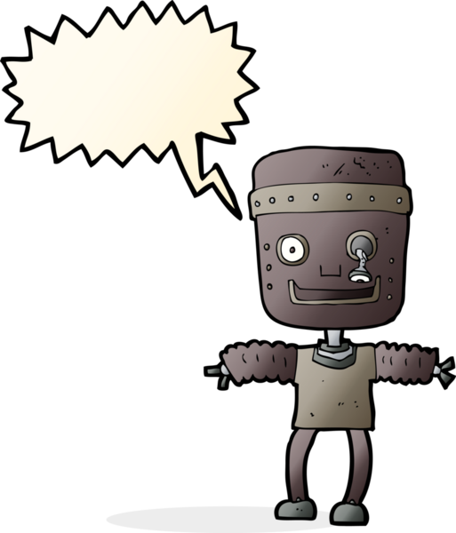 Bir insan tarafından çizilmiş konuşma balonu olan çizgi film robotu.