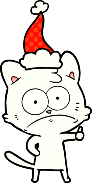 Bir insan tarafından çizilmiş Noel Baba şapkası giyen sinirli bir kedinin el çizimi çizgi roman çizimi.