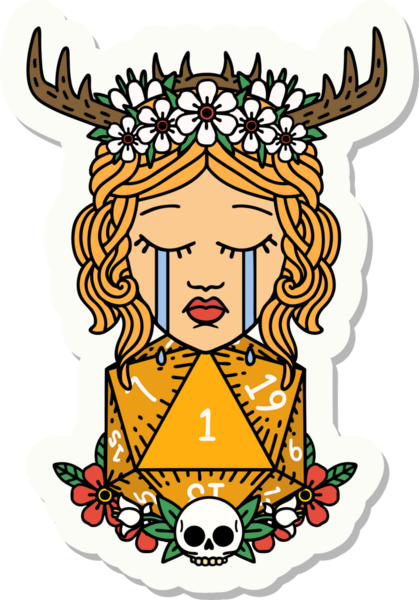 Ağlayan insan bir Druid 'in çıkartması. Bir insan tarafından çizilmiş doğal bir D20 rulosu.