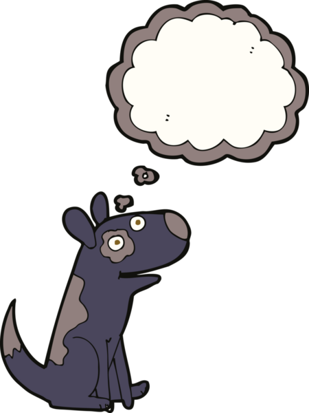 Bir insan tarafından çizilmiş düşünce balonlu mutlu bir köpek.