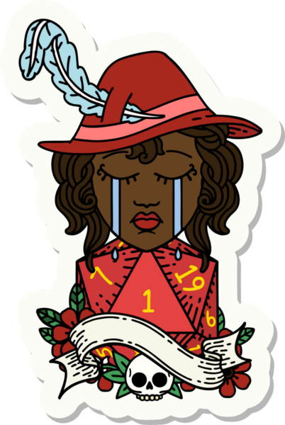 Ağlayan bir insan Druid karakterinin çıkartması. Bir insan tarafından çizilmiş doğal bir D20 rulosu.