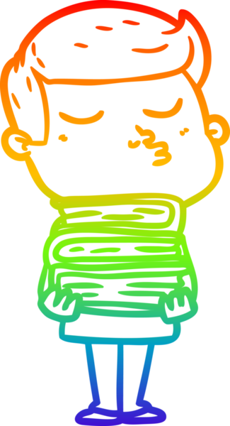 Gökkuşağı gradyan çizgi çizimi bir çizgi film modeli somurtuyor bir insan tarafından çizilmiş kitapları tutuyor.