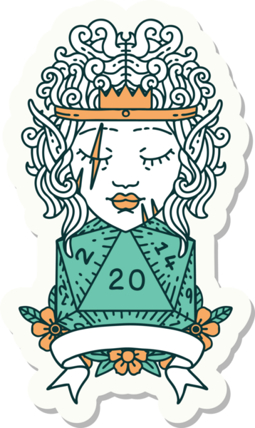 Bir insan tarafından çizilmiş 20 zarlı elf barbar karakterinin çıkartması.