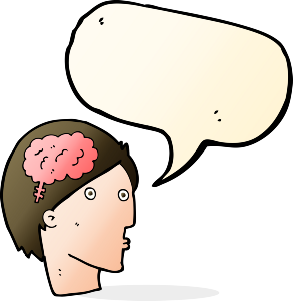 Bir insan tarafından çizilmiş konuşma balonlu beyin sembollü çizgi film adamı.