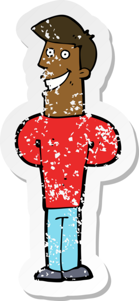 Bir insan tarafından çizilmiş sırıtan bir çizgi film karakterinin kederli retro yapıştırması.