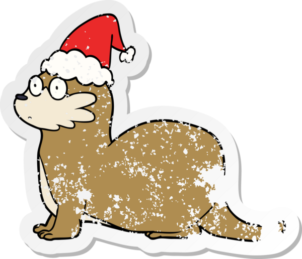 Bir insan tarafından çizilmiş Noel Baba şapkası giymiş bir su samurunun el çizimi çıkartması.