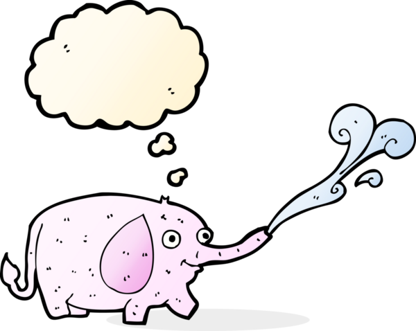 Bir insan tarafından çizilmiş düşünce baloncuğuyla su fışkırtan komik küçük bir fil.