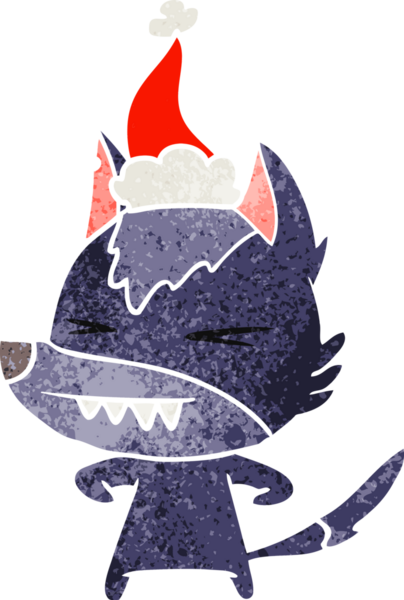 Kızgın kurt el, bir insan tarafından çizilmiş Noel Baba şapkasının retro karikatürünü çizdi.