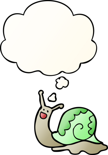 Bir insan tarafından çizilmiş, düşünce baloncuklu tatlı çizgi film salyangozu.
