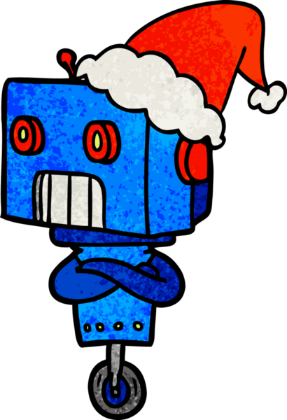 Bir insan tarafından çizilmiş Noel Baba şapkası giyen bir robotun el çizimi karikatürü.
