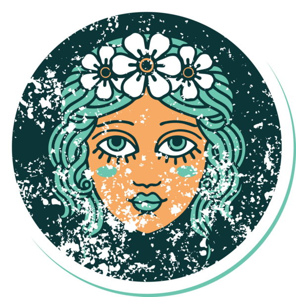 Bir insan tarafından çizilmiş çiçek desenli kadın yüzünün sembolik dövmesi.