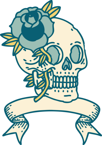 Geleneksel dövmeli kafatası ve bir insan tarafından çizilmiş gül.