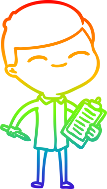 Gökkuşağı gradyan çizgi çizimi bir insan tarafından çizilmiş bir pano ile gülümseyen adamın çizimi