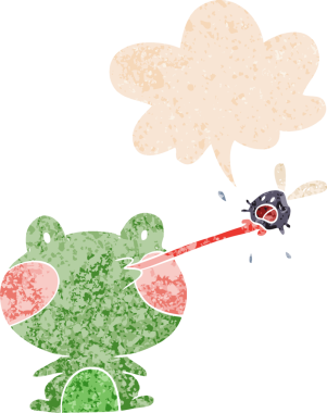 Çizgi film kurbağası sineği konuşma baloncuğuyla yakalıyor grunge dertli eski moda bir insan tarafından çizilmiş.