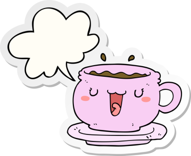 Bir insan tarafından çizilmiş konuşma baloncuğu etiketli şirin bir çizgi film fincanı ve çay tabağı.