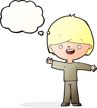 Bir insan tarafından çizilmiş düşünce balonu olan mutlu çocuk çizgi filmi.