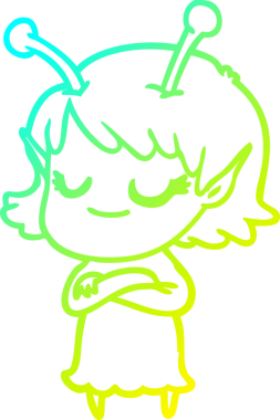 Bir insan tarafından çizilmiş gülümseyen uzaylı kız çizgi filmi.