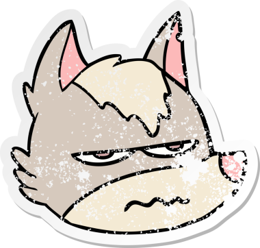 Bir insan tarafından çizilmiş rahatsız edilmiş kurt suratlı bir çizgi film çıkartması.