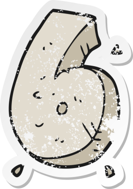 Bir insan tarafından çizilmiş 6 numaralı çizgi film taşının gerilimli retro çıkartması.