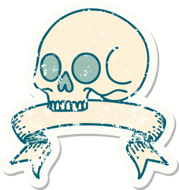 Bir insan tarafından çizilmiş kafatasının pankartıyla eski bir etiket.