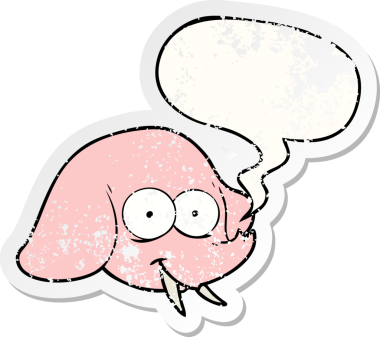 Konuşan fil suratlı karikatür, bir insan tarafından çizilmiş sıkıntılı eski bir çıkartma.