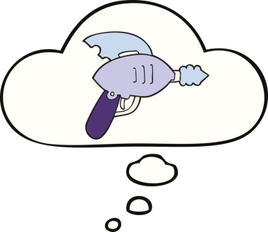 Bir insan tarafından çizilmiş düşünce baloncuklu bir ışın tabancası.