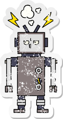 Bir insan tarafından çizilmiş sevimli bir robot çizgi film çıkartması.