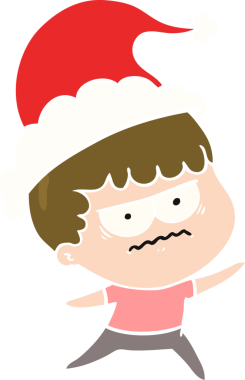 Bir insan tarafından çizilmiş Noel Baba şapkası giyen rahatsız bir adamın düz renkli çizimi.