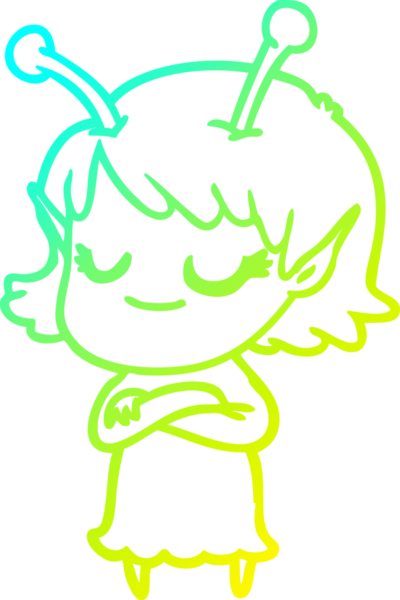 Bir insan tarafından çizilmiş gülümseyen uzaylı kız çizgi filmi.