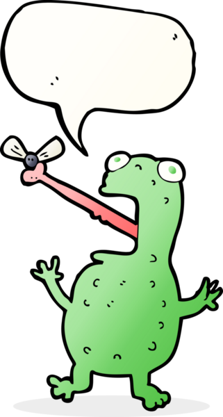 Bir insan tarafından çizilmiş konuşma baloncuğuyla sinek yakalayan kurbağa.