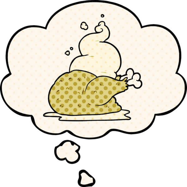 Çizgi roman tarzında bir insan tarafından çizilmiş düşünce baloncuklu tavuk çizgi filmi.