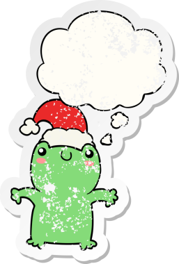 Düşünce baloncuklu Noel şapkası takan sevimli kurbağa dertli bir insan tarafından çizilmiş bir çıkartma.