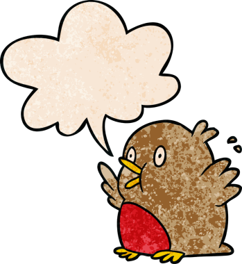 Heyecanlı robin üzerine çizgi film, insan tarafından çizilmiş retro doku ile konuşma baloncuğu ile