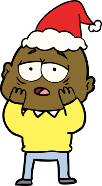 Bir insan tarafından çizilmiş Noel Baba şapkası giyen yorgun ve kel bir adamın el çizimi.