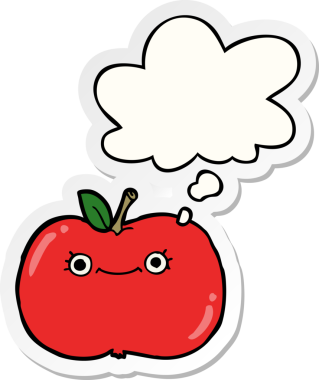 Bir insan tarafından çizilmiş bir çıkartma olarak düşünce baloncuğu olan şirin çizgi film elması.