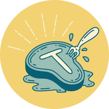 Bir insan tarafından çizilmiş dövme stili biftek ve çatalın simgesi.