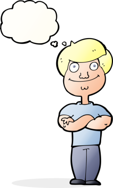 Bir insan tarafından çizilmiş düşünce balonlu mutlu adam çizgi filmi.