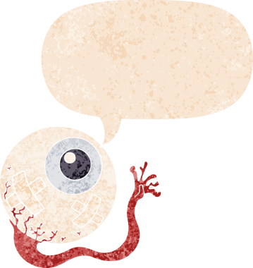 Bir insan tarafından çizilmiş grunge sıkıntılı retro desenli konuşma baloncuklu çizgi film yaralı göz