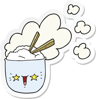 Bir insan tarafından çizilmiş şirin bir karikatür sıcak pirinç kasesinin çıkartması.