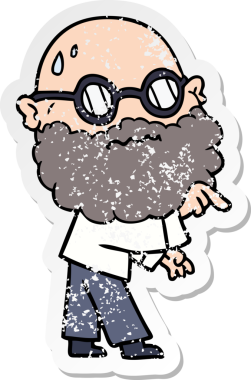 Çizgi filmin kederli çıkartması sakallı ve gözlüklü endişeli bir adam bir insan tarafından çizilmiş.