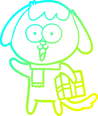 Bir insan tarafından çizilmiş noel hediyeli şirin bir köpeğin soğuk gradyan çizimi.