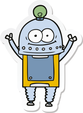 Bir insan tarafından çizilmiş mutlu bir karton robotun çıkartması.