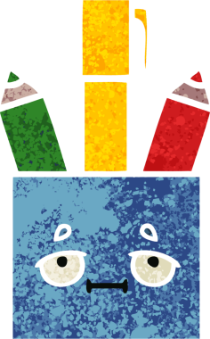 Bir insan tarafından çizilmiş kalem kabının retro illüstrasyon tarzı karikatürü